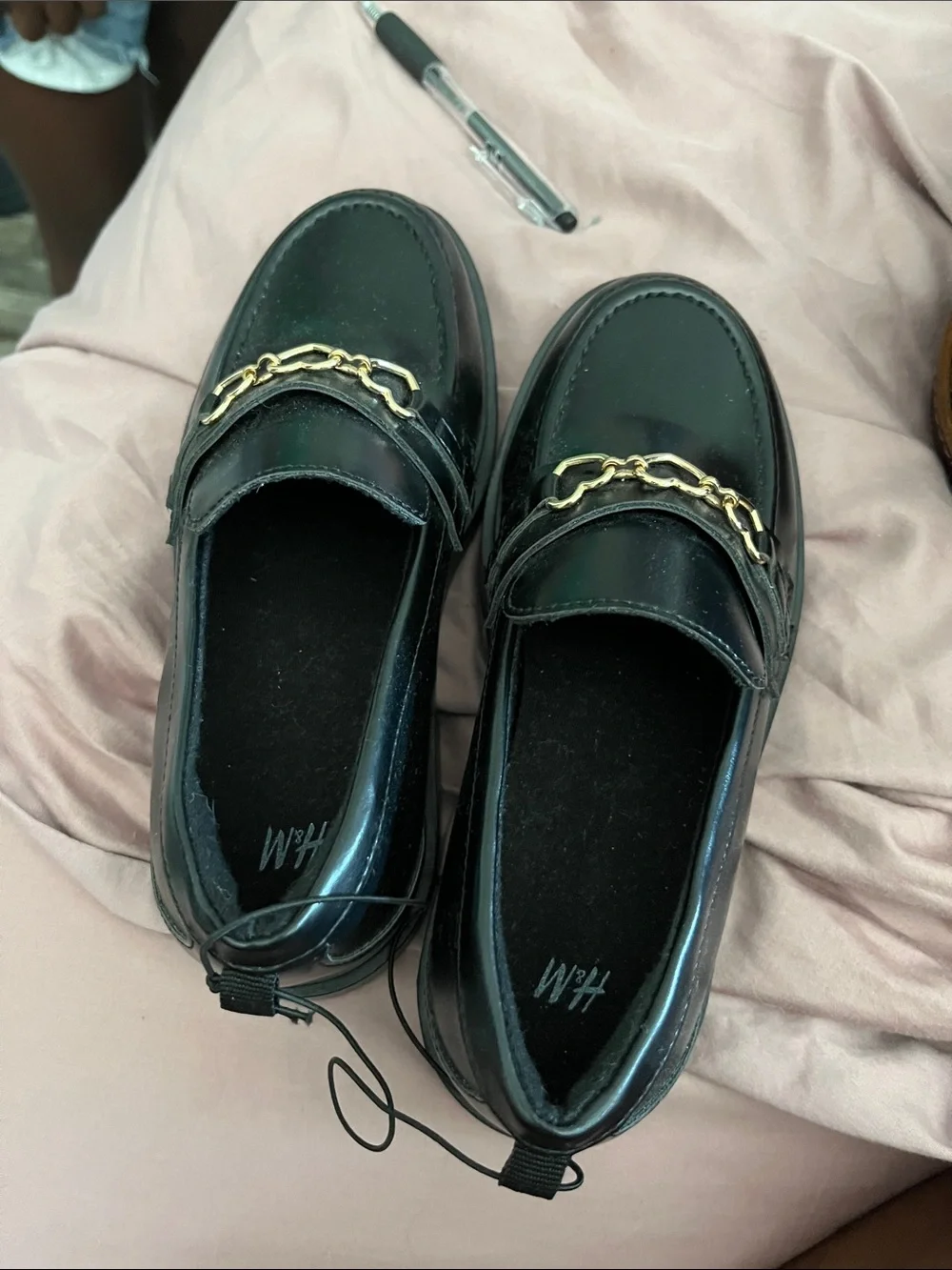 H&M Black Loafers with Gold Chain Detail